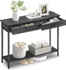 A dark gray console table with two drawers, a lower shelf, and decorative items. Produktbild-Vorschau