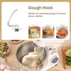A stand mixer with a dough hook attachment, showing examples of bread, pizza, and pasta. Produktbild-Vorschau