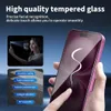A hand holding a smartphone with a screen protector applied, with diagrams and text describing its features. Produktbild-Vorschau