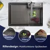 A kitchen sink with accessories and three circular insets showing different functions. Podgląd zdjęcia produktu