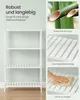 Collage showing a white bamboo shelf with text overlays describing its features and close-ups of bamboo and the shelf surface. Produktbild-Vorschau
