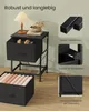 A bedside table with fabric drawers, a lamp, and decorative items, with close-up shots highlighting its features. Produktbild-Vorschau