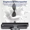 A squeegee-like tool is shown splashing into a white liquid, with German text describing its features. Produktbild-Vorschau