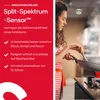 A woman is cooking in a kitchen, with a smoke detector visible on the ceiling. The left side of the image contains marketing text about a smoke detector. Produktbild-Vorschau
