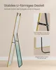 A full-length mirror with a gold frame is shown, propped up by its U-shaped stand. Close-up insets highlight the hinge and the rounded bottom of the stand. Produktbild-Vorschau
