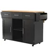 A black kitchen island cart with a wooden top and three drawers, shown against a white background. Voir les images du produit