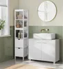 A modern bathroom scene featuring a white vanity cabinet with a vessel sink and a tall white storage shelf unit. Produktbild-Vorschau