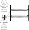 A diagram showing a two-tiered wire basket storage unit with callouts highlighting its design and practicality. Náhled obrázku produktu