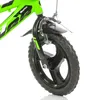 Close-up of the front wheel and fork of a green children's bicycle. Voir les images du produit