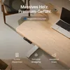 A close-up view of a wooden desk with a laptop and a chair in the background, showcasing product features. Voir les images du produit