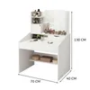 A white vanity table with a mirror, drawers, and shelves, displaying makeup and decorative items. Produktbild-Vorschau