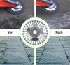 A collage showing a weed brush for a trimmer before and after use, and a close-up of the brush itself. Voir les images du produit