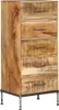 A tall, narrow chest of drawers made of solid mango wood with a rustic finish. It has five drawers with metal handles and stands on four metal legs. Náhled obrázku produktu