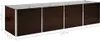 A long, rectangular raised garden bed with a dark brown wooden exterior and silver metal frame and trim, shown from a slightly elevated side angle. Dimensions are indicated with text overlays. Produktbild-Vorschau
