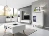 A modern living room with a white and wood-tone entertainment center, coffee table, and accent cabinet. Produktbild-Vorschau