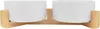 A white ceramic double pet bowl set on a wooden stand. Produktbild-Vorschau