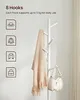 A white coat rack with a scarf and a handbag hanging on it, with icons and text describing its features. Produktbild-Vorschau