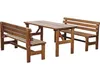 A wooden picnic table with two benches, shown on a white background. Produktbild-Vorschau