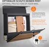 A dark grey mailbox with a wooden front is shown open, displaying mail inside. Text overlays describe its features. Náhled obrázku produktu