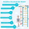 A child stands in front of a colorful indoor climbing frame with various accessories, while text highlights the benefits of the product. Produktbild-Vorschau