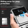 A hand is holding a silver smartphone case with a sliding camera cover. The case has a small screen displaying music information. Text overlays describe the features of the case. Produktbild-Vorschau