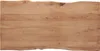 A close-up, top-down view of a wooden tabletop with a natural edge. Produktbild-Vorschau