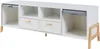 A white TV stand with wooden legs and drawers, shown from the front. Náhľad obrázku produktu