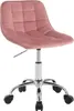 A pink office chair with wheels on a white background.