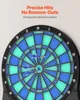 A close-up shot of an electronic dartboard with darts in it, featuring text highlighting its features. Produktbild-Vorschau