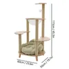 A multi-level cat tree with a bed, scratching posts, and a hanging toy, shown against a white background with dimensions indicated. Náhled obrázku produktu