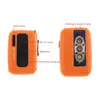 Two views of an orange emergency radio with labels pointing to its features. Voir les images du produit