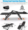A diagram and marketing image of a black foldable lounge chair, showing its dimensions and load-bearing capacity. Voir les images du produit
