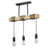 A three-bulb pendant light fixture with a wooden beam and black metal accents. Produktbild-Vorschau