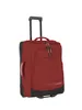 A red and black rolling suitcase on a white background. Produktbild-Vorschau