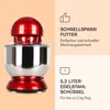 A red and silver kitchen mixer with text describing its features. Produktbild-Vorschau