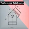 A technical drawing of a metal connector with dimensions and angle indicators. Produktbild-Vorschau
