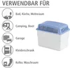 A product image showing a dehumidifier with icons and text indicating its various uses. Produktbild-Vorschau