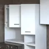 A close-up view of a white bathroom cabinet set, including a tall cabinet and a cabinet designed to fit over a washing machine. Náhled obrázku produktu