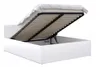 A white storage bed with the mattress and base lifted to reveal the storage compartment. Produktbild-Vorschau