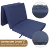 A folded blue mattress shown from a diagonal angle, with close-up insets highlighting the handle and zipper. Produktbild-Vorschau