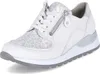 A white women's sneaker with a floral pattern on the toe box and a silver zipper on the side. Produktbild-Vorschau