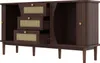 A dark brown wooden sideboard with rattan drawer fronts and sliding doors, shown against a white background. Podgląd zdjęcia produktu