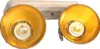 A close-up, top-down view of a two-light fixture with brass-colored shades and a wooden base. Produktbild-Vorschau