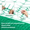 Close-up shots of green netting demonstrating its cuttable and bendable properties, with descriptive text in German. Produktbild-Vorschau