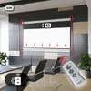 A projection screen in a modern office or conference room setting, with chairs and a table visible. A remote control is also shown. Produktbild-Vorschau