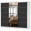 A white wardrobe with black sliding doors and a mirrored center section, set against a white background. Produktbild-Vorschau
