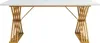 A white marble-look dining table with a gold metal base, presented on a white background. Produktbild-Vorschau
