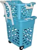 A stack of two blue laundry baskets with white handles and wheels, shown against a white background. Produktbild-Vorschau