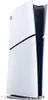 A white and black Sony PlayStation 5 Slim console is shown standing vertically on a white surface. Produktbild-Vorschau
