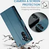 A blue leather phone case is shown with a cracked ground effect, suggesting protection from drops. Inset circles show close-ups of phone cameras and cases. Produktbild-Vorschau